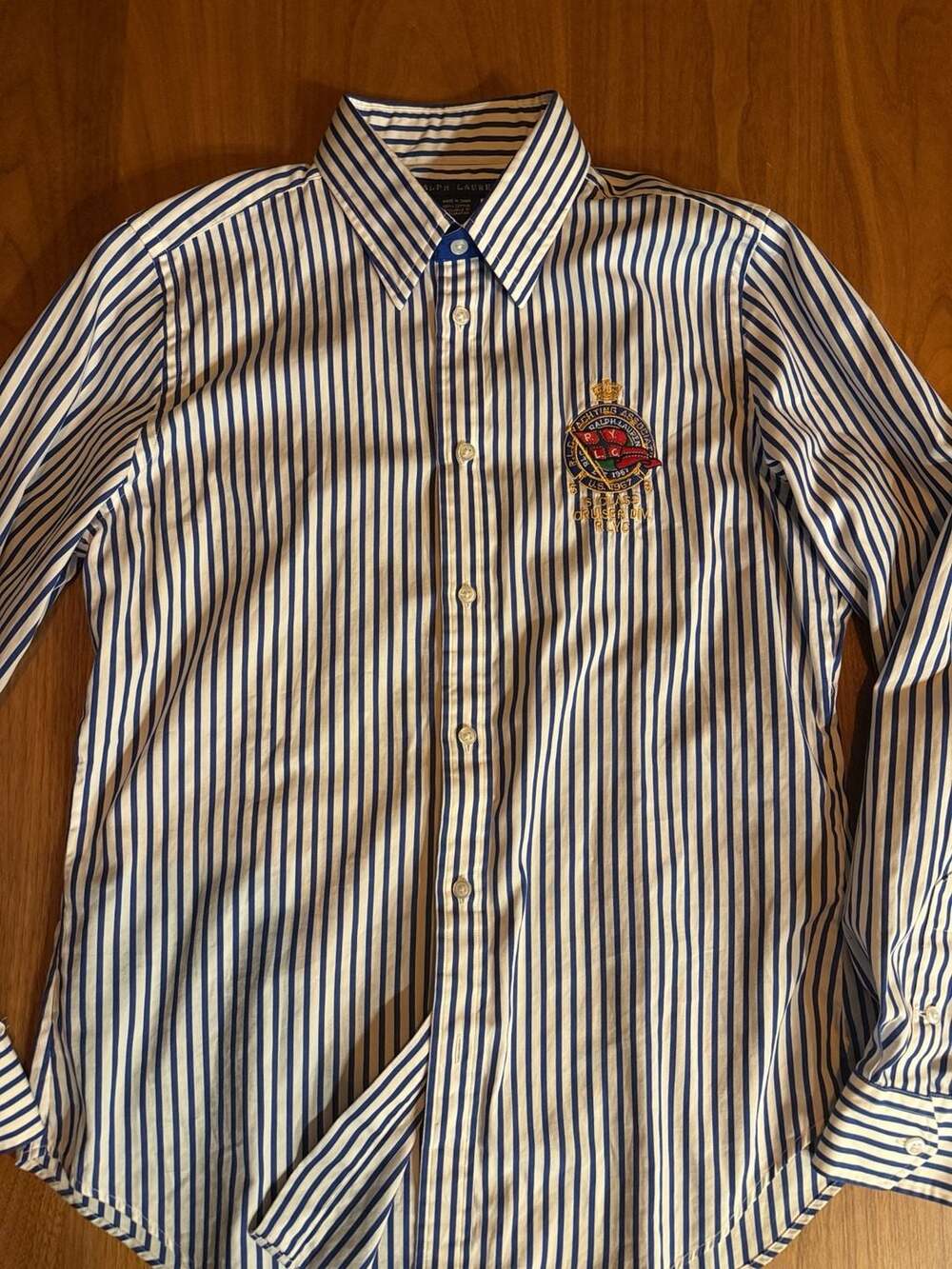 Ralph Lauren Button-Down Shirt Size 14 Blue White Striped Crest Logo